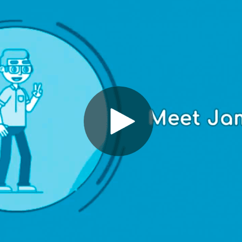 Image of Meet James video. Words on image say, Meet James! There is blue background and the words are in white. There is a cartoon looking man with white hair.